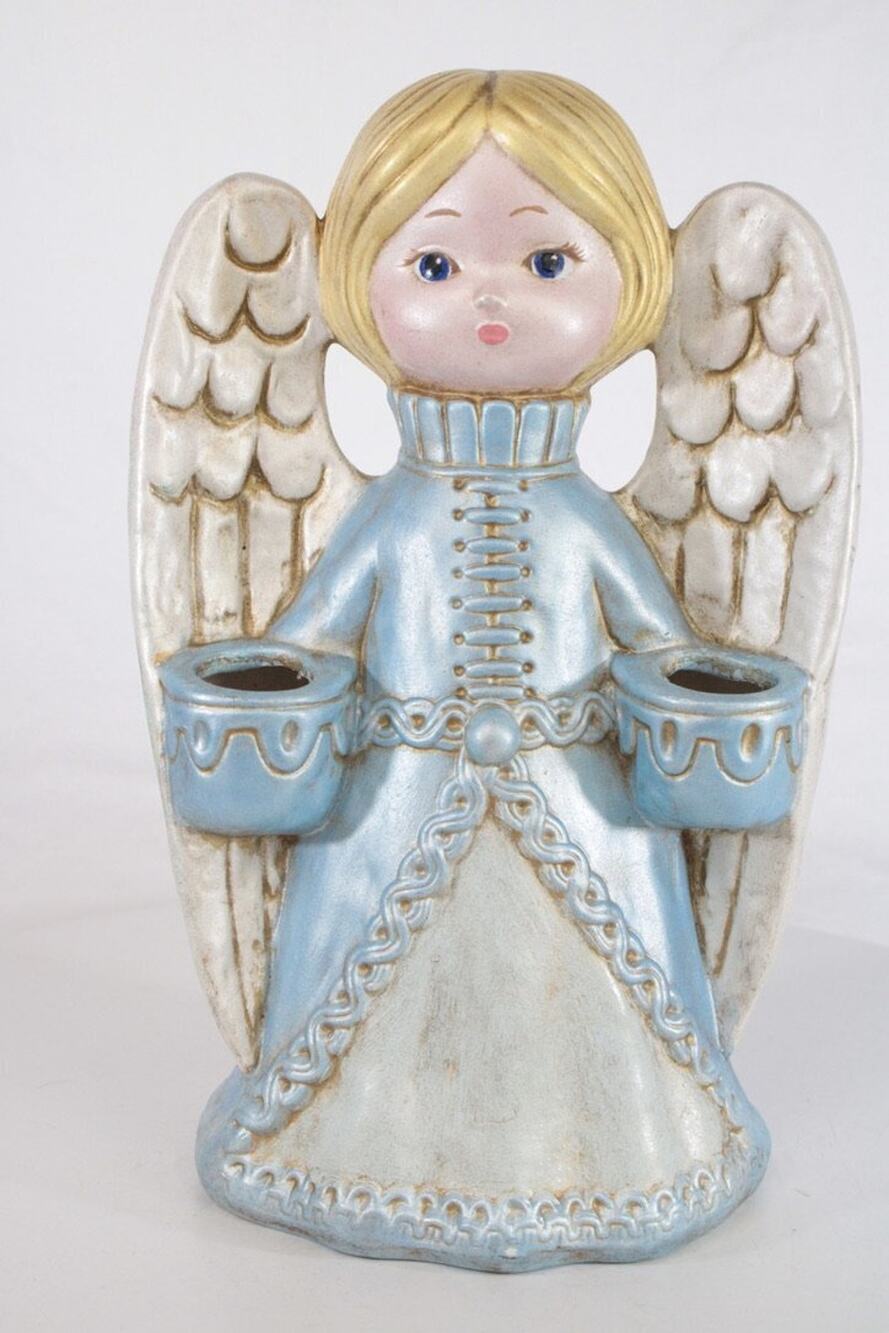 Christmas Angle Taper Candle Holder Bisque Mold 1978 Hand Painted Vintage